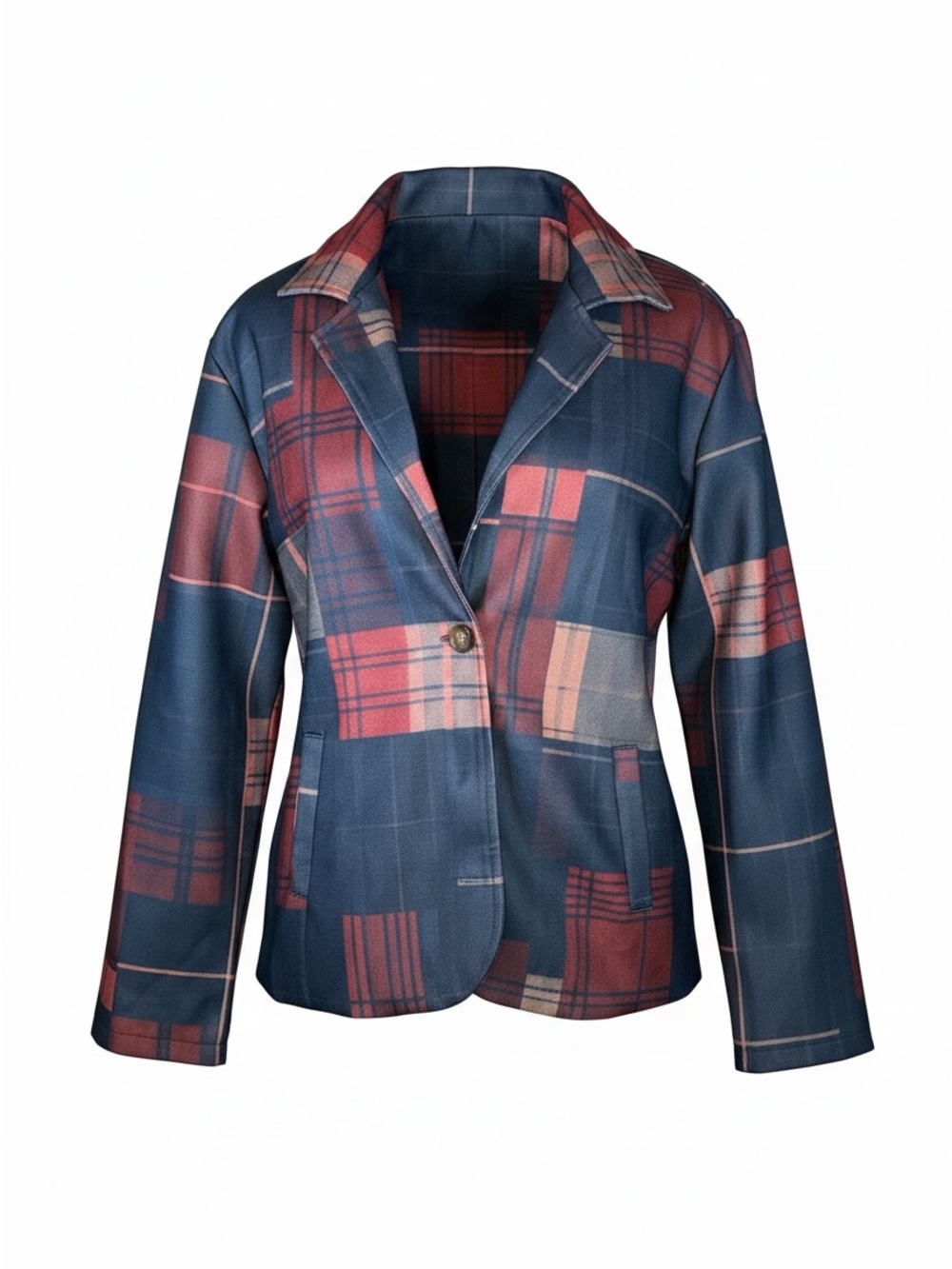 Tailored Plaid Single-Button Blazer - Navy & Red